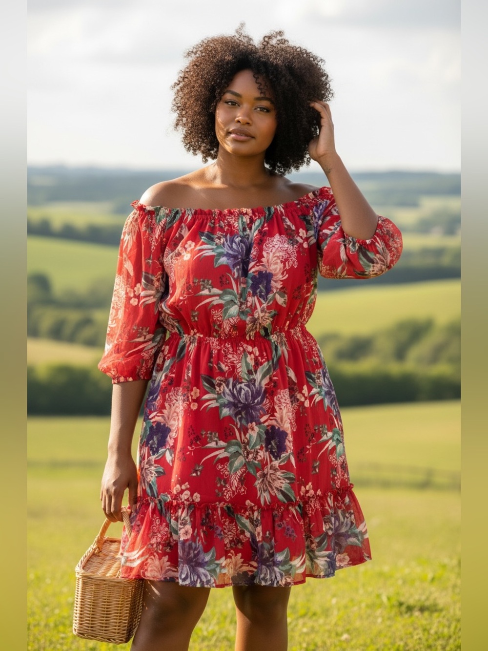 Ava & Viv Red Floral Off-Shoulder Dress-Lined-Size 3X